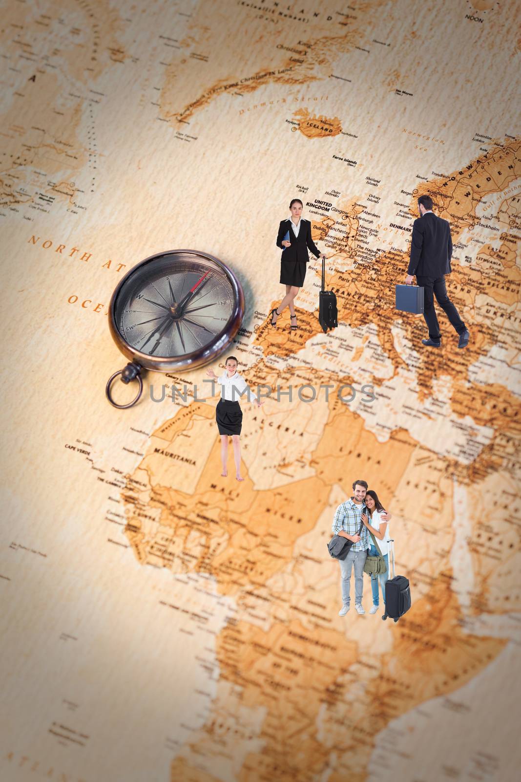 Businessman walking while holding briefcase  against world map with compass showing africa and europe