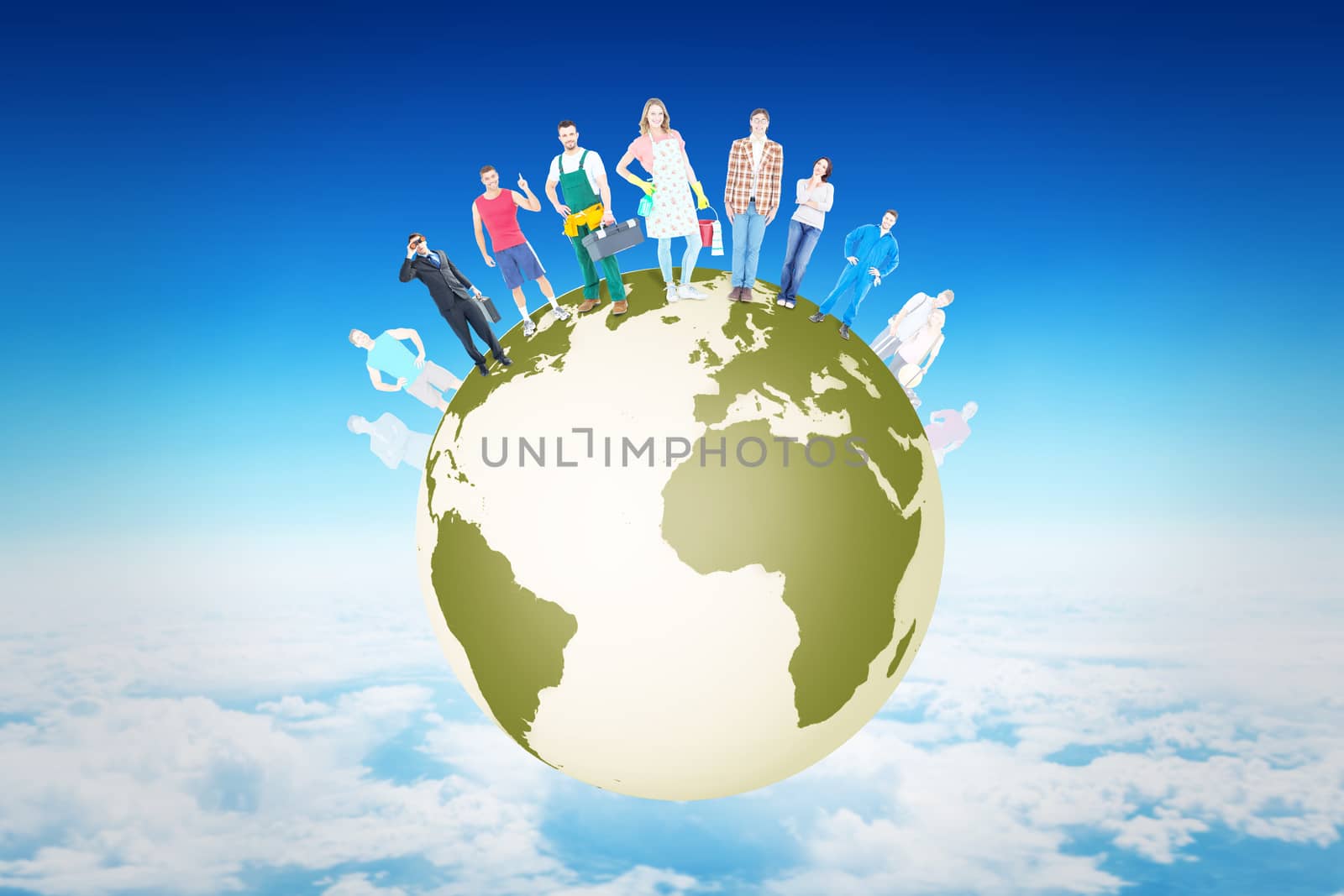 People standing on earth against blue sky over clouds at high altitude