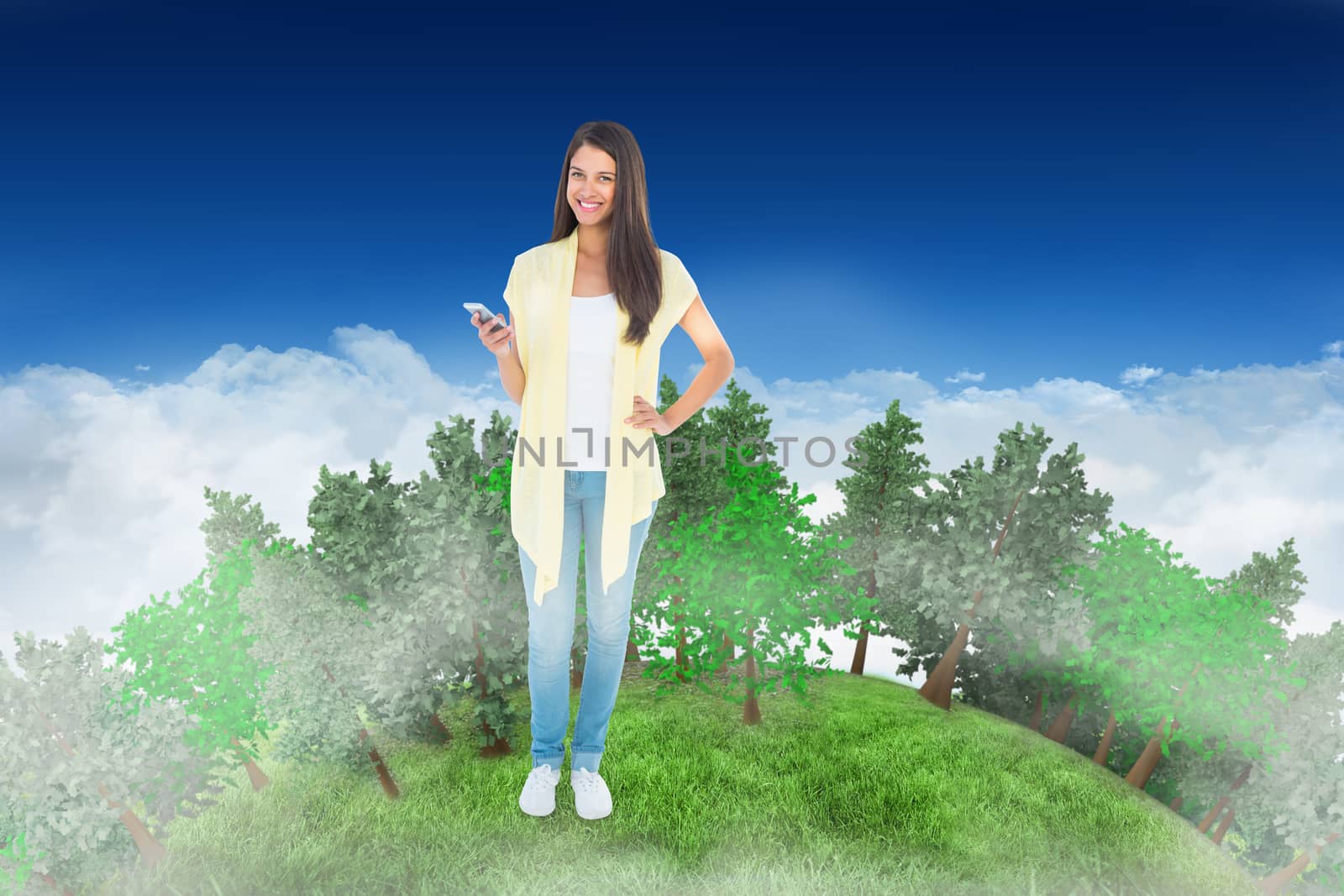 Composite image of happy casual woman sending a text by Wavebreakmedia