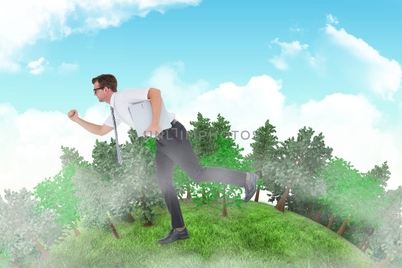 Composite image of geeky businessman running late by Wavebreakmedia