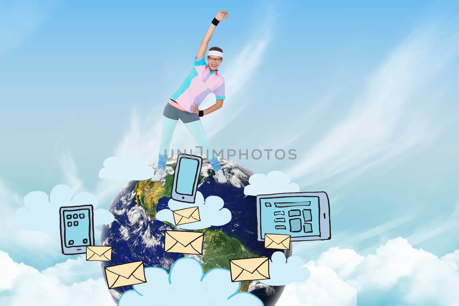 Geeky hipster posing in sportswear  against blue sky