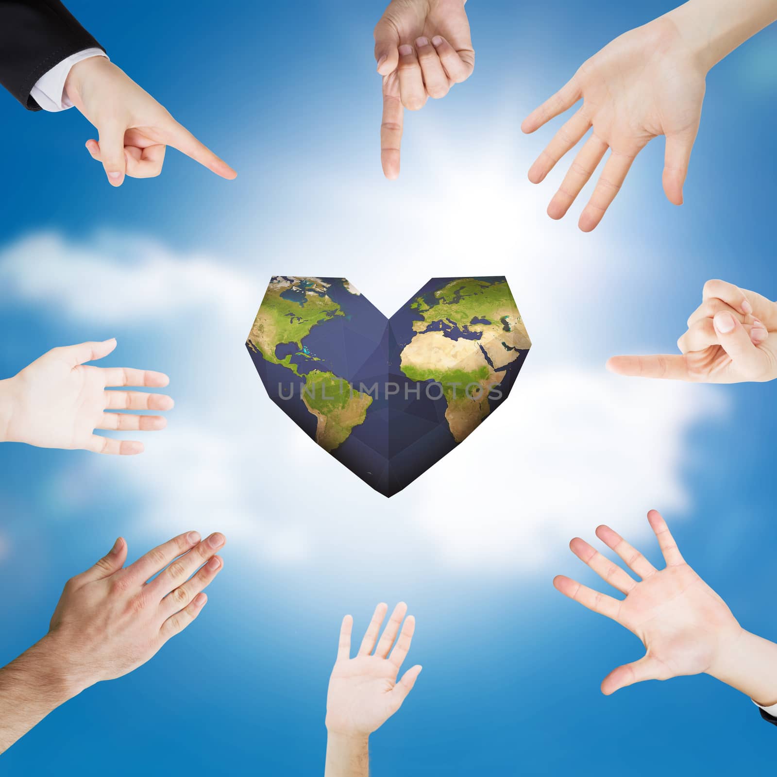Hands presenting against sky 