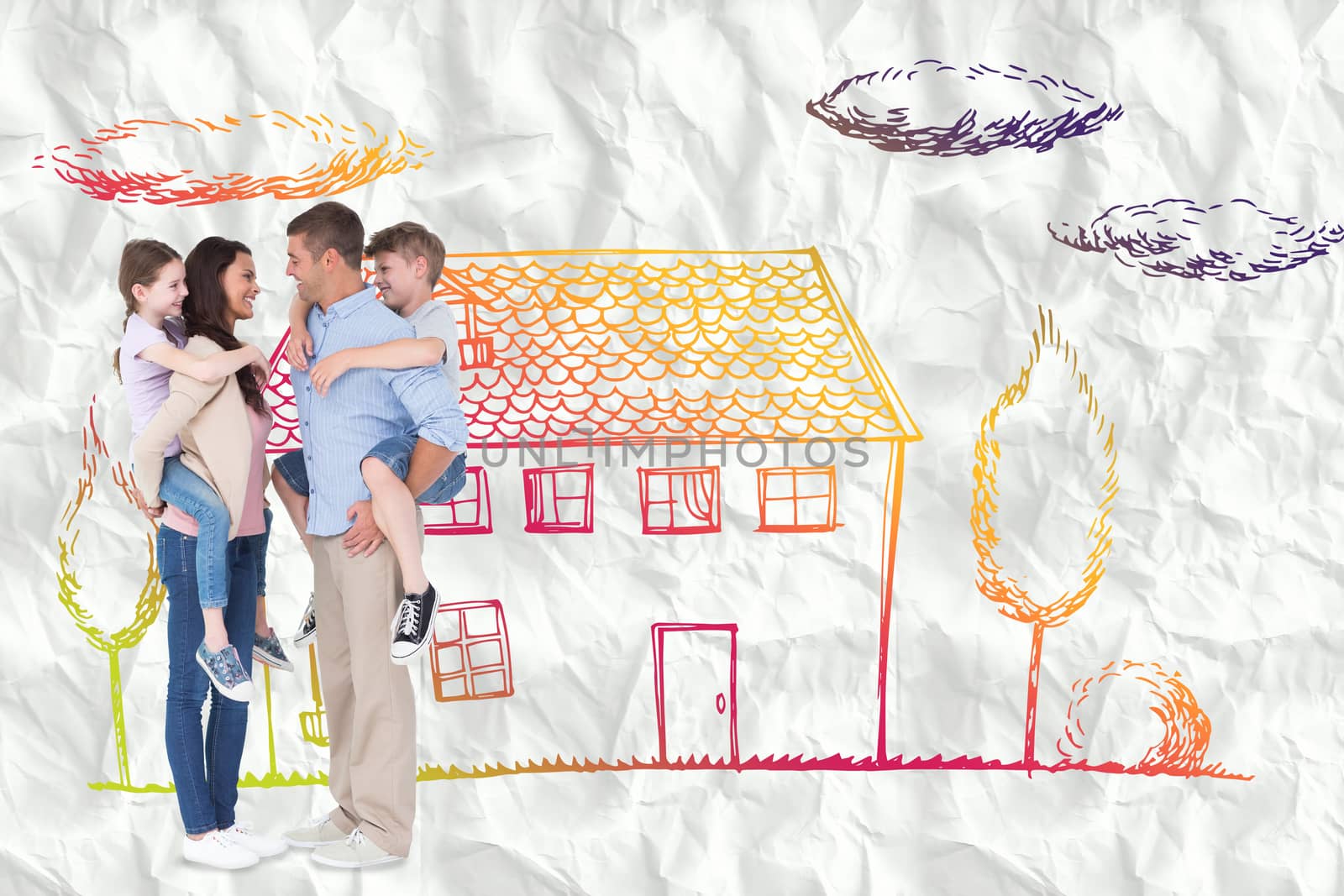 Composite image of side view of parents giving piggyback ride to children by Wavebreakmedia