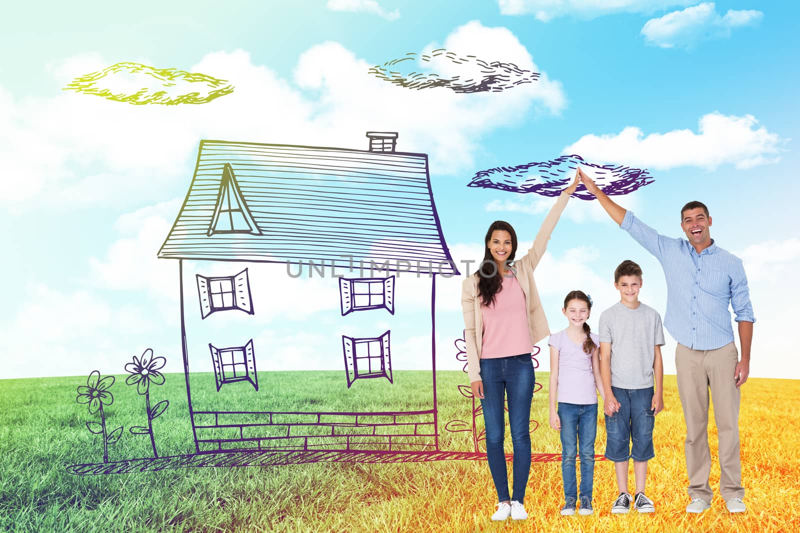 Happy parents joining hands above children against blue sky over green field