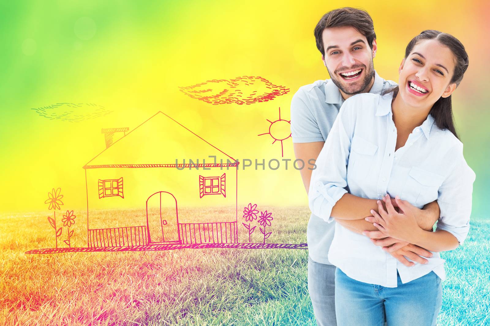 Cute couple hugging and smiling at camera against field against glowing lights