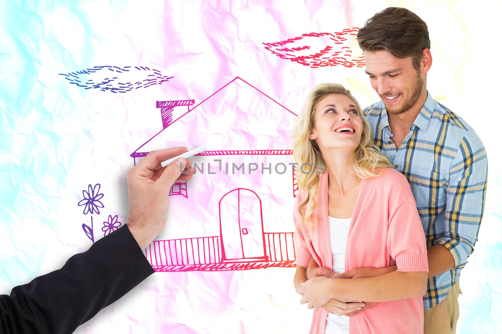 Attractive young couple embracing and smiling against crumpled white page 