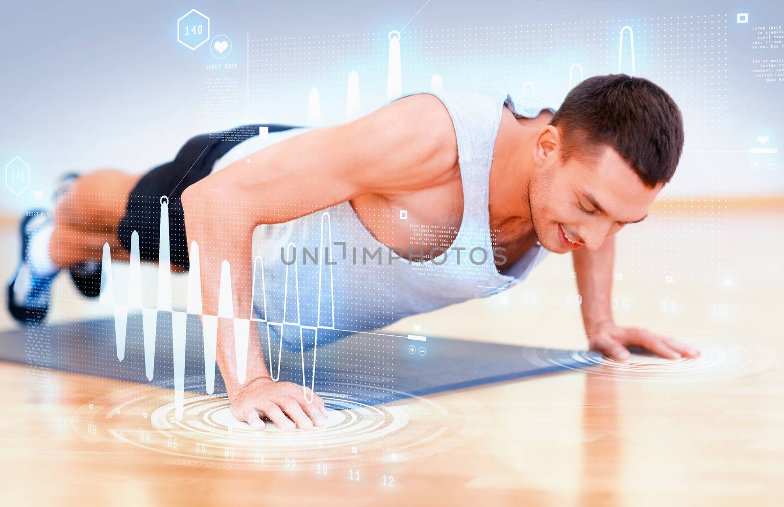 fitness, sport, training, gym and lifestyle concept - smiling man doing push-ups in the gym