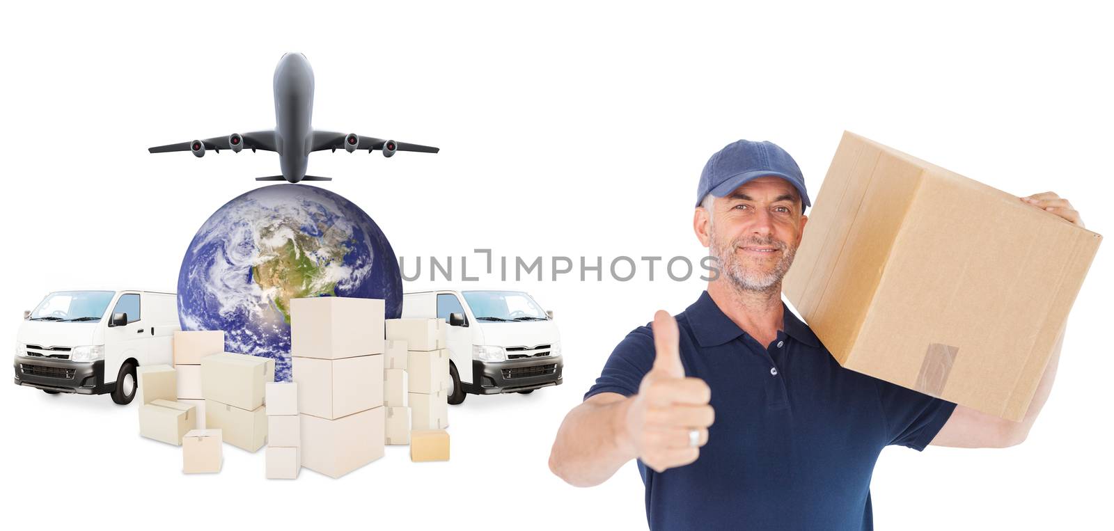 Happy delivery man holding cardboard box showing thumbs up against logistics concept