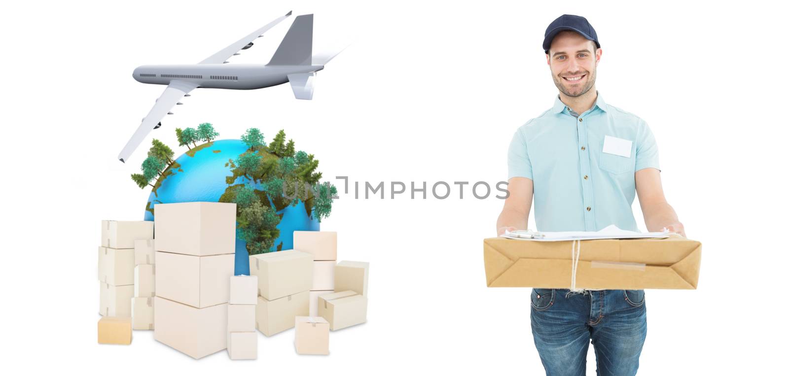 Handsome courier man with parcel against logistics concept
