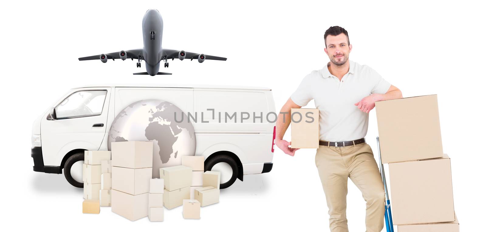 Composite image of delivery man with trolley of boxes by Wavebreakmedia