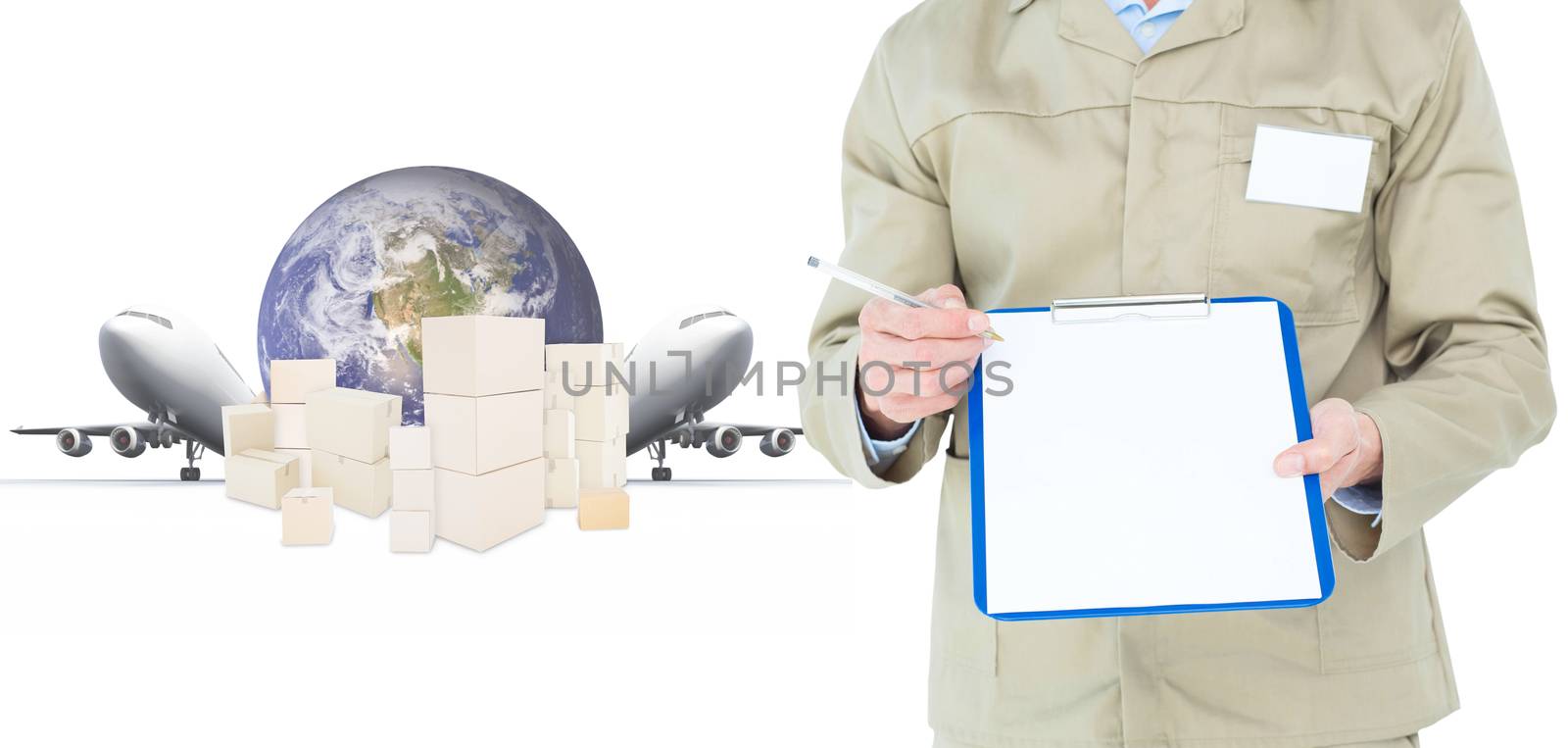 Composite image of delivery man showing blank paper on clipboard by Wavebreakmedia