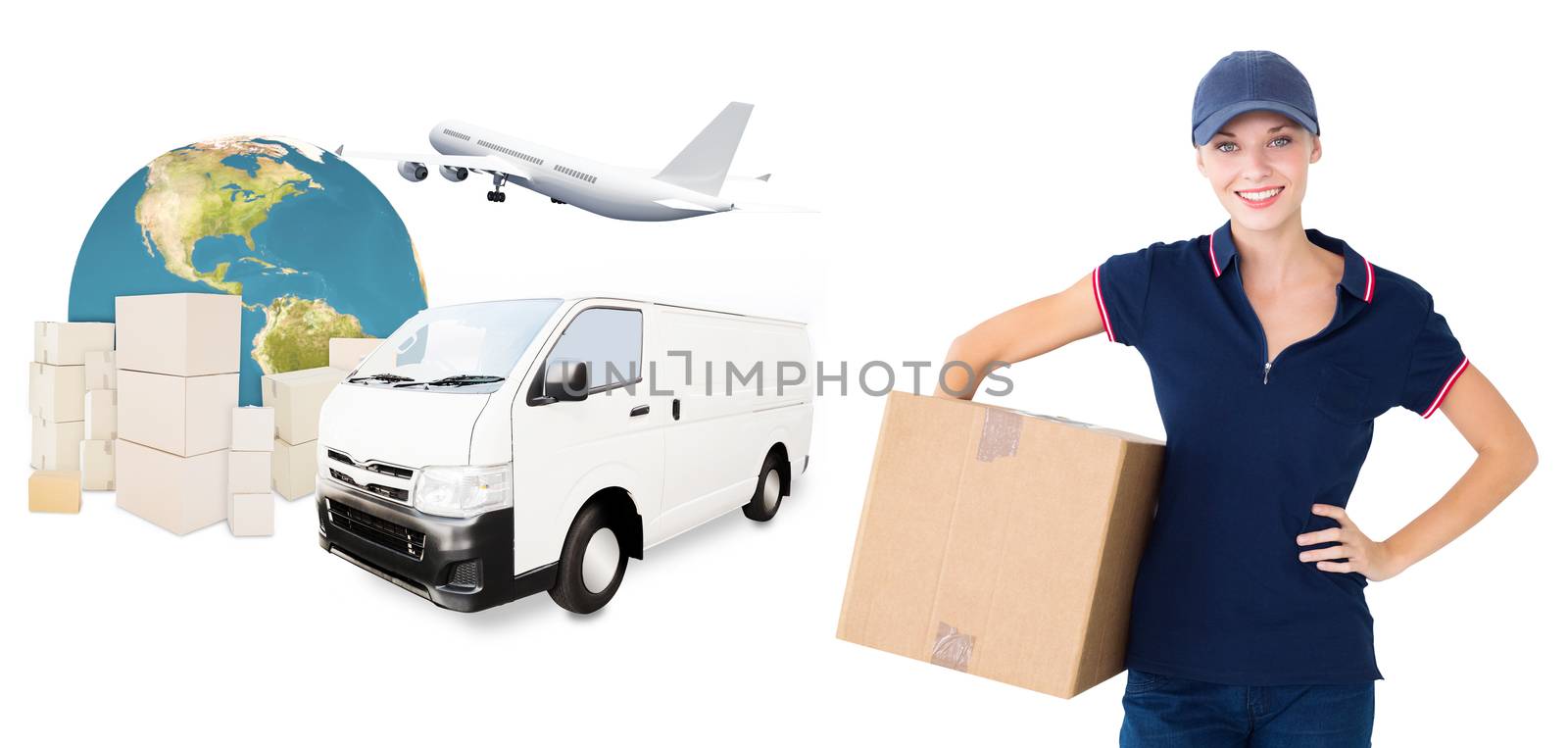 Composite image of happy delivery woman holding cardboard box  by Wavebreakmedia