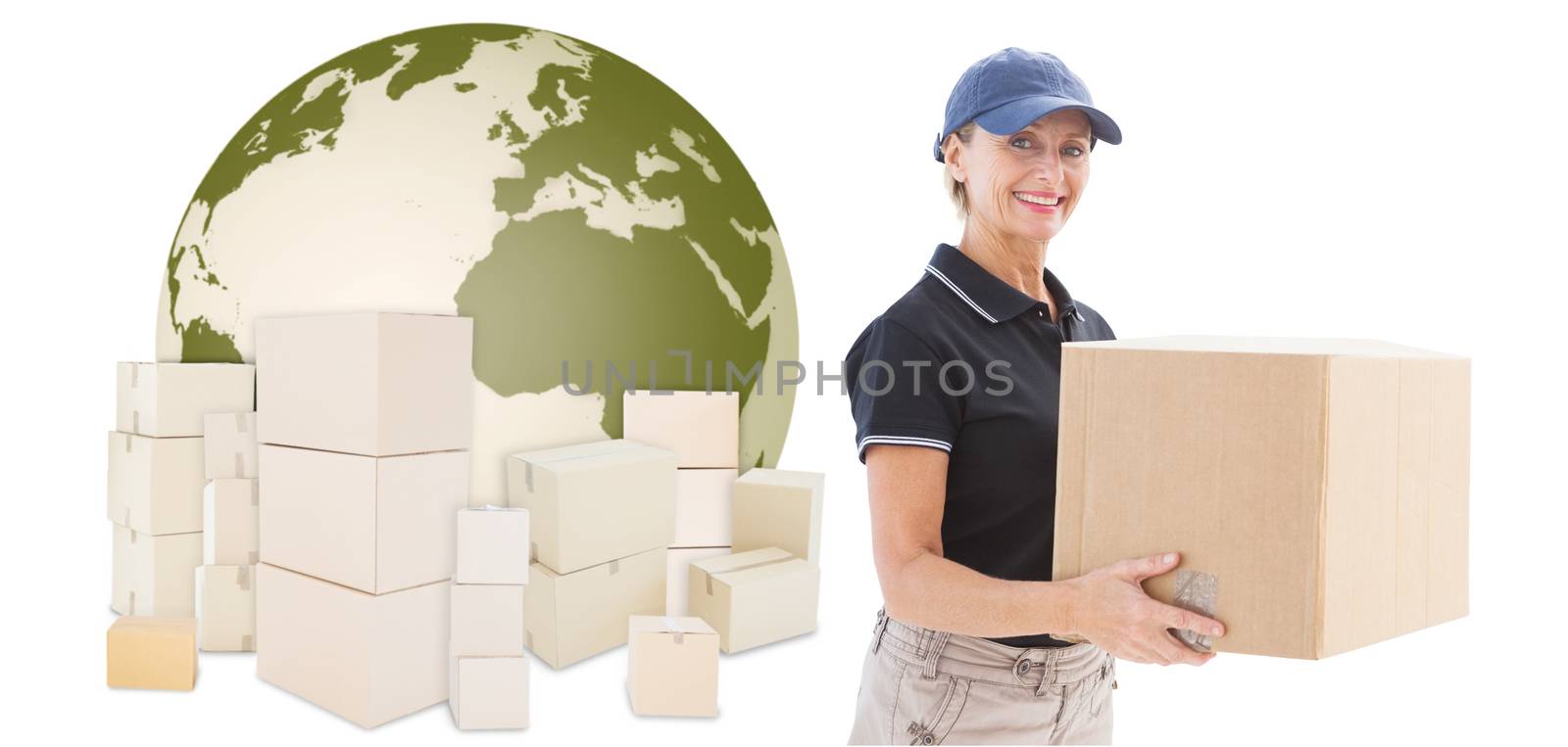 Composite image of happy delivery woman holding cardboard box by Wavebreakmedia