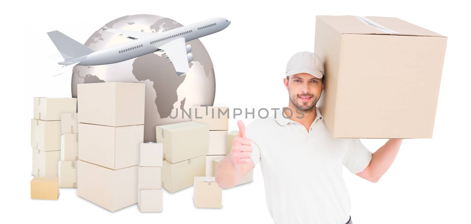Delivery man with cardboard box gesturing thumbs up  against logistics concept