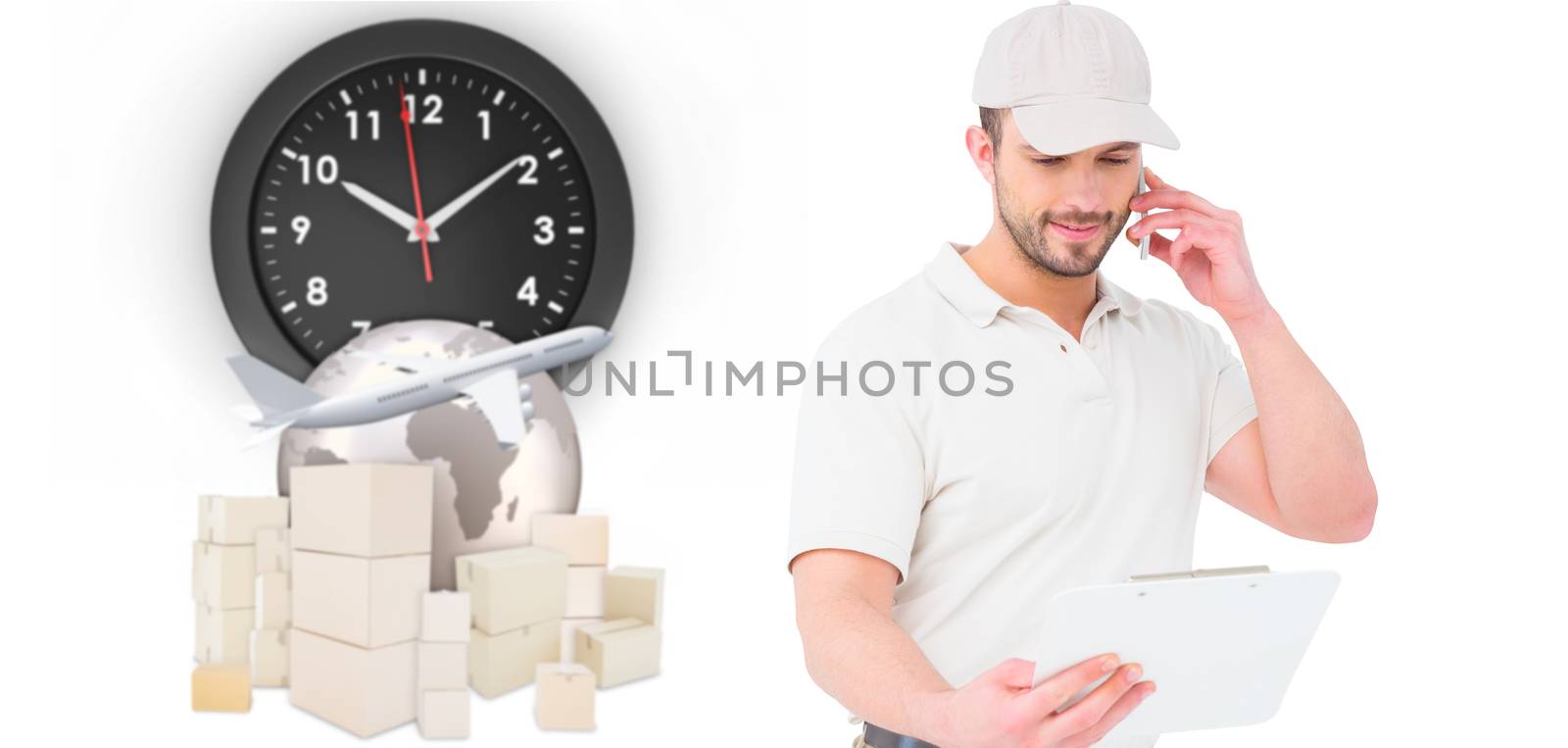 Composite image of delivery man talking on mobile phone by Wavebreakmedia