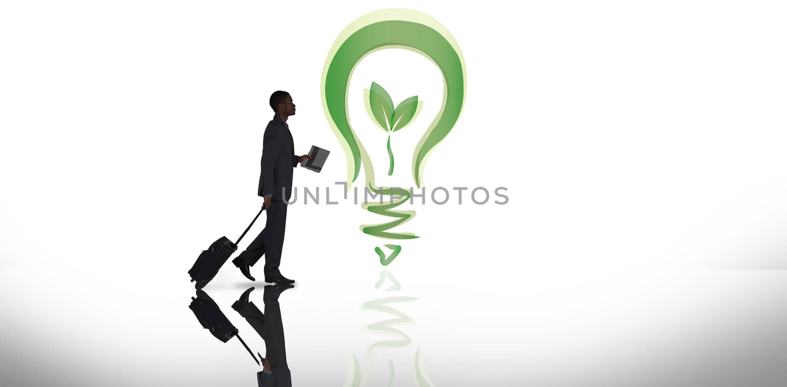 Businessman pulling suitcase against white background with vignette