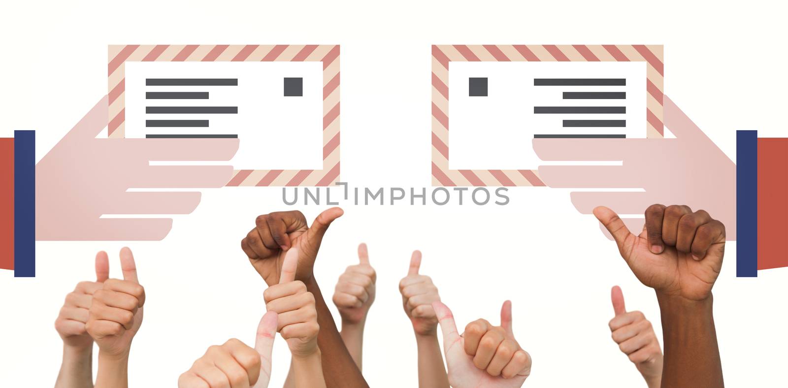 Hands giving thumbs up  against hand posting letter
