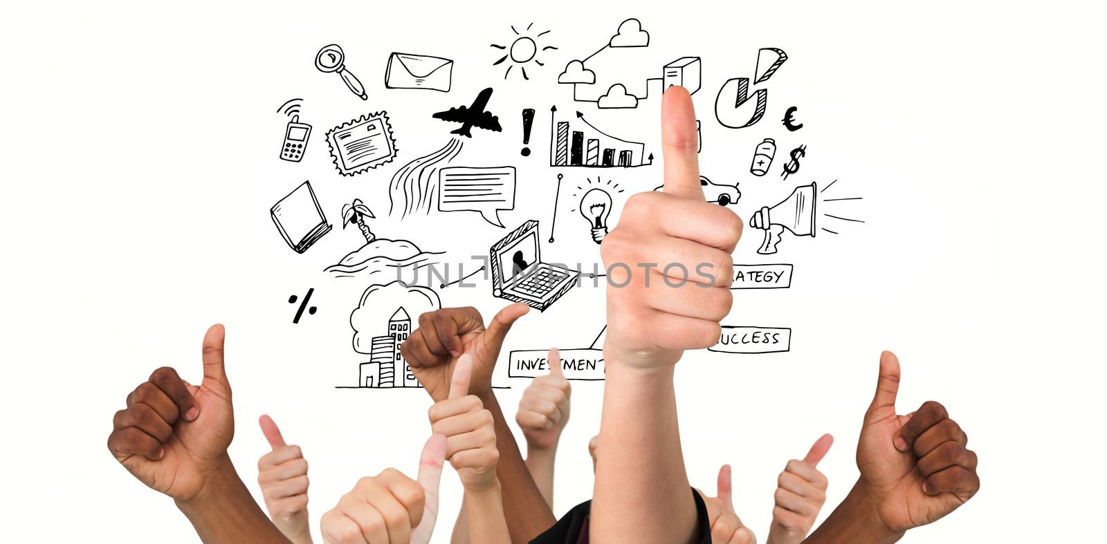 Hands showing thumbs up against brainstorm graphic