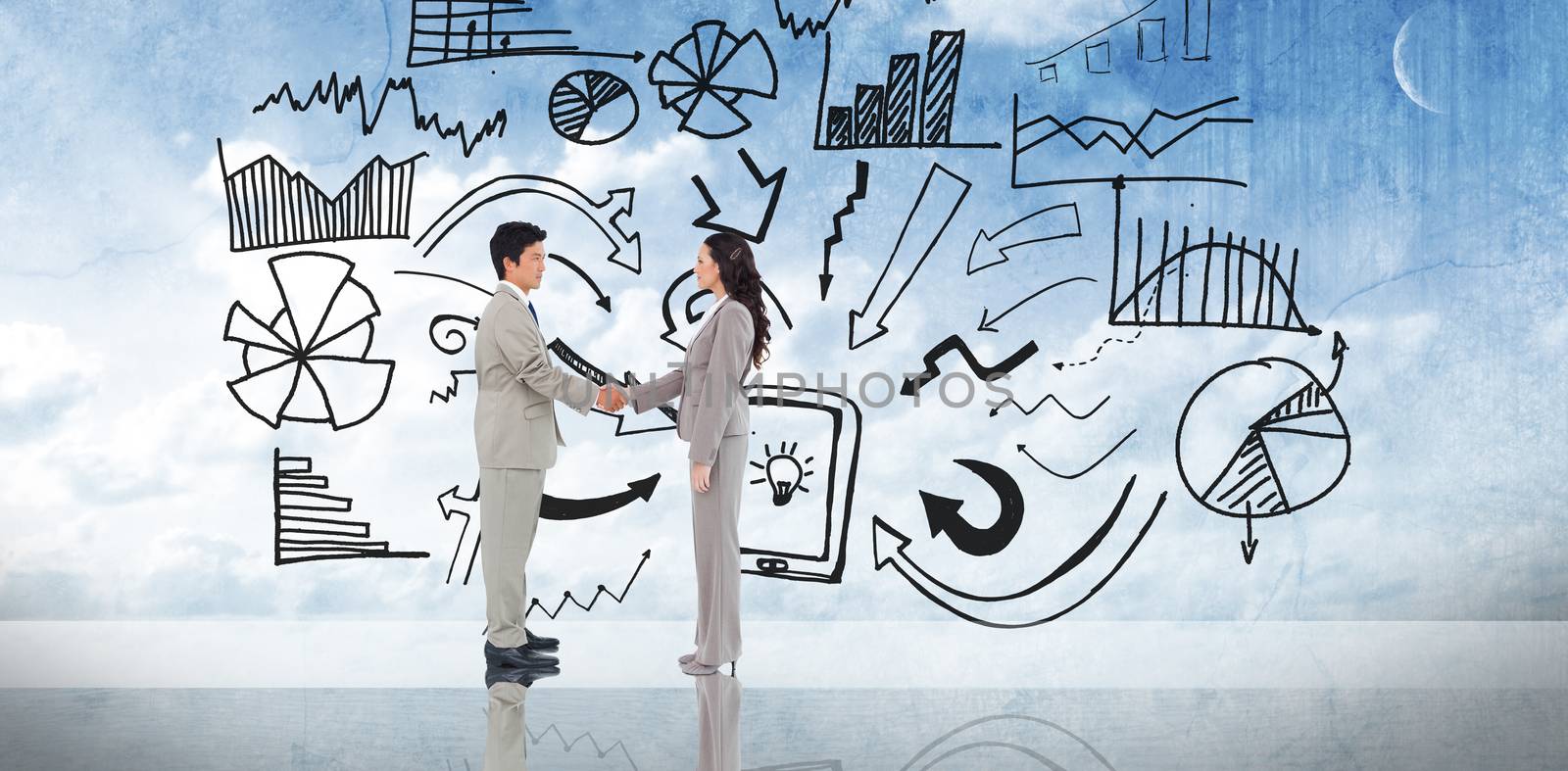 Business people shaking hands against painted blue sky