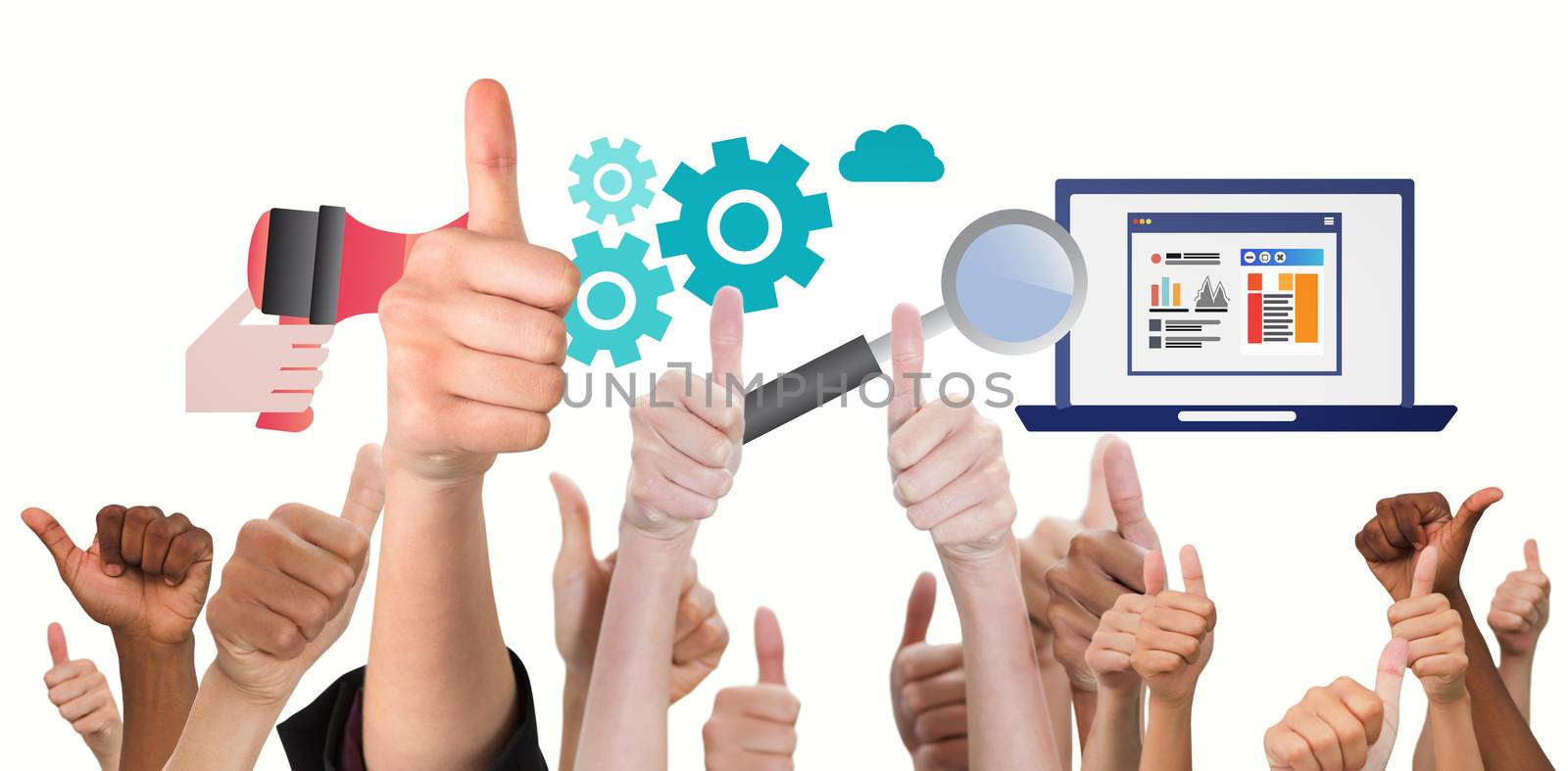 Hands showing thumbs up against business graphics