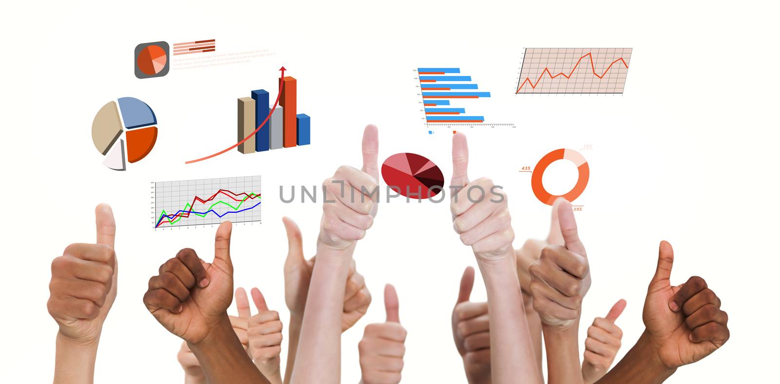 Hands showing thumbs up against graphs and charts