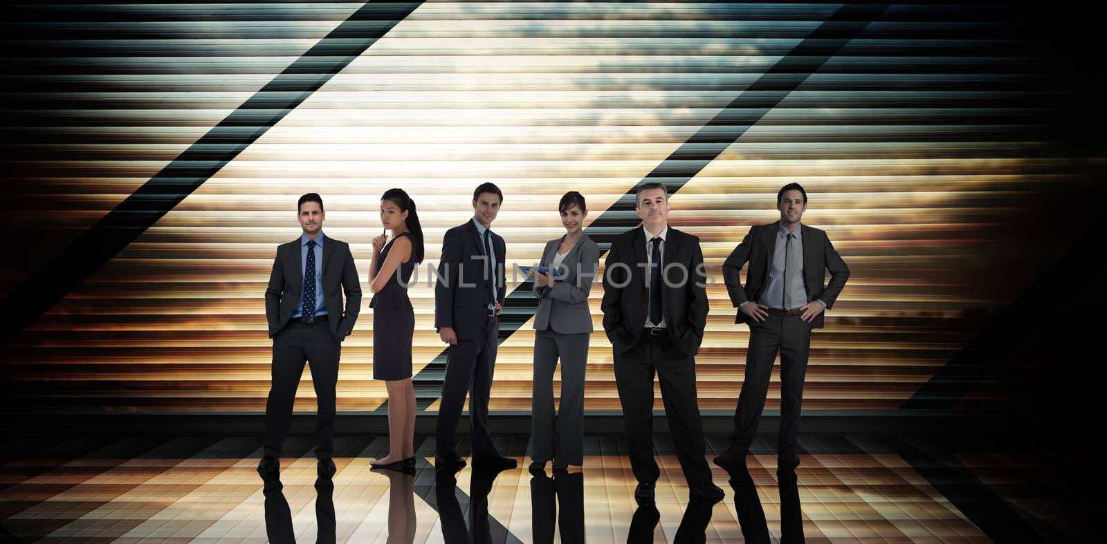Business people against room with large window looking on landscape