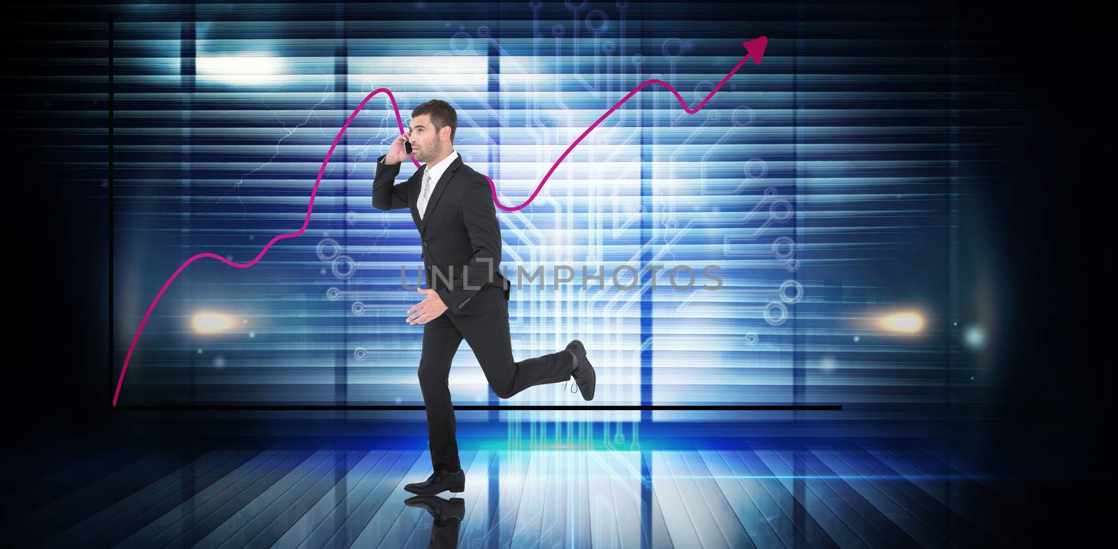 Businessman running on the phone  against technology background