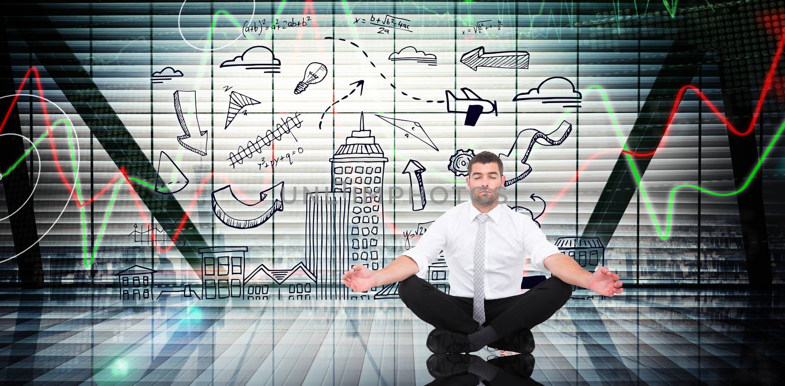 Businessman meditating in lotus pose against stocks and shares on black background