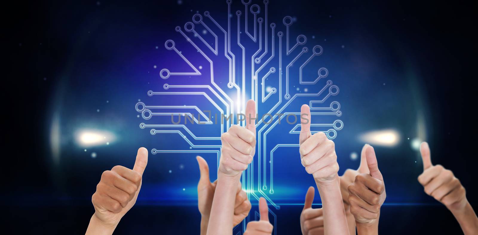 Thumbsup against technology background