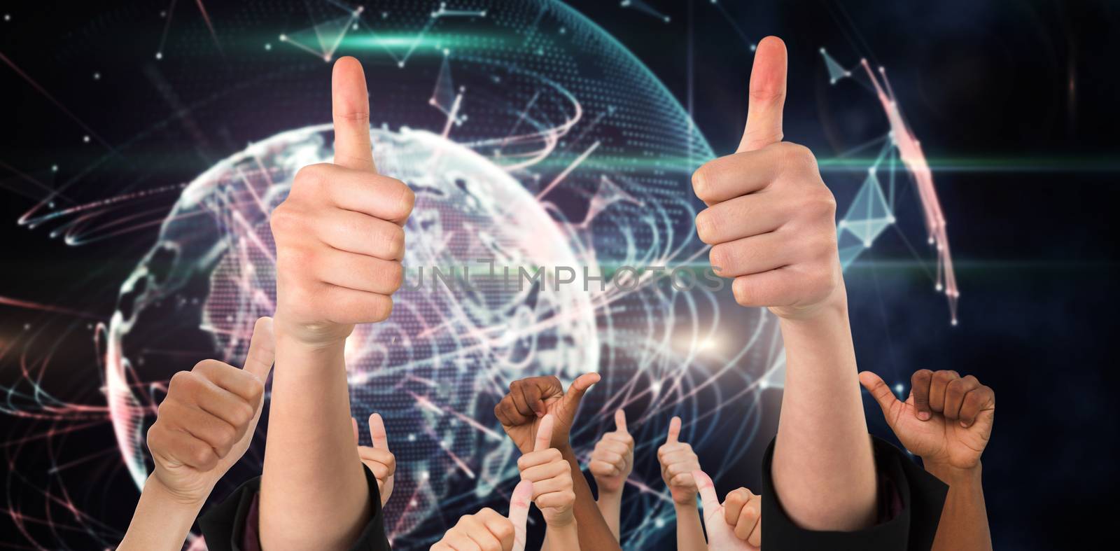 Hands showing thumbs up against global technology background in blue