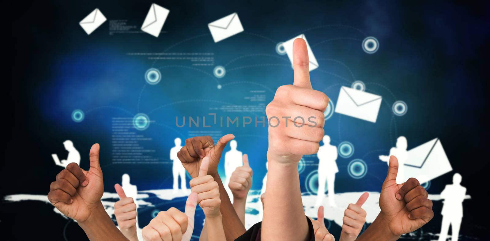 Hands showing thumbs up against global connection background