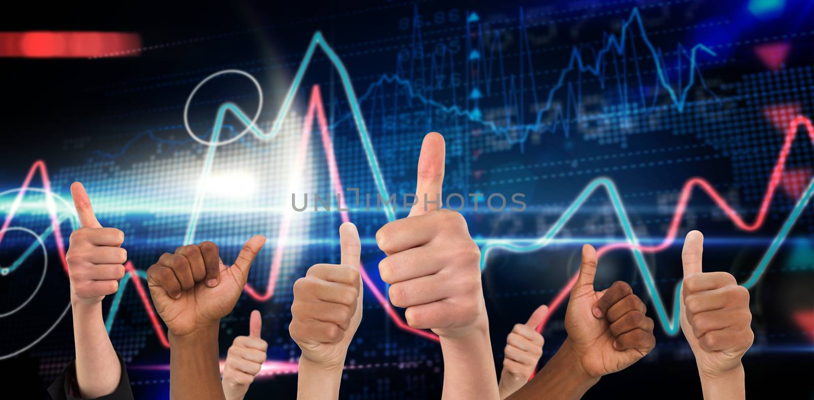 Hands showing thumbs up against stocks and shares on black background