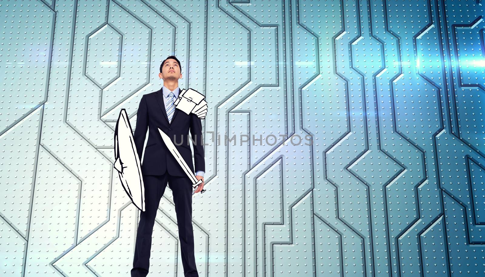 Corporate warrior against circuit board on futuristic background