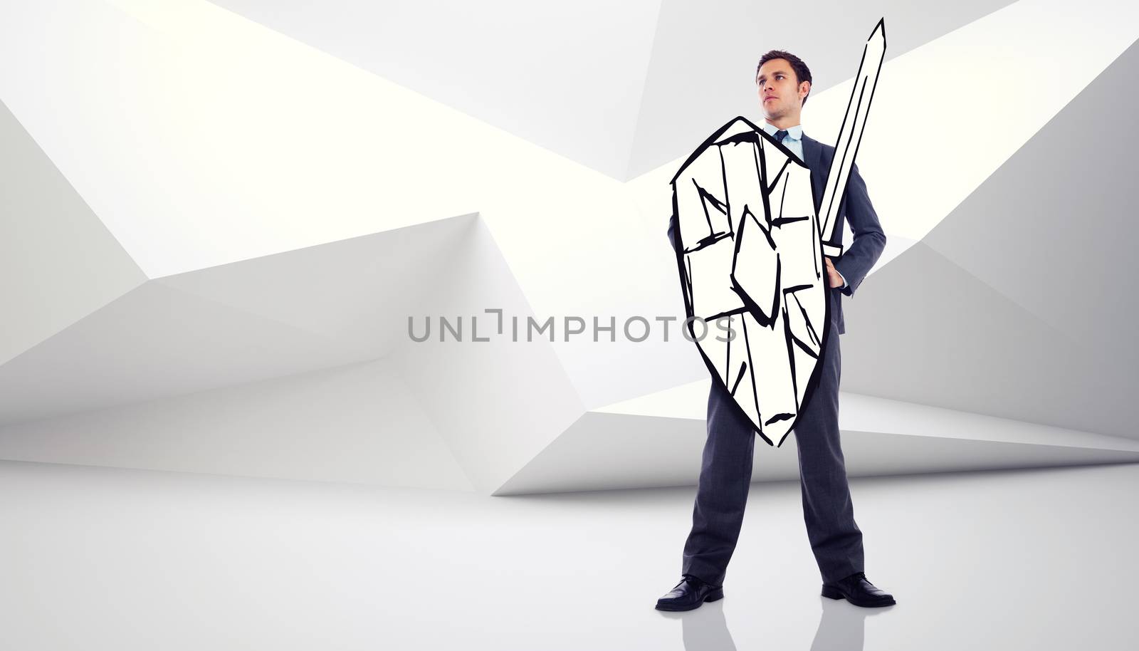 Corporate warrior against abstract white room