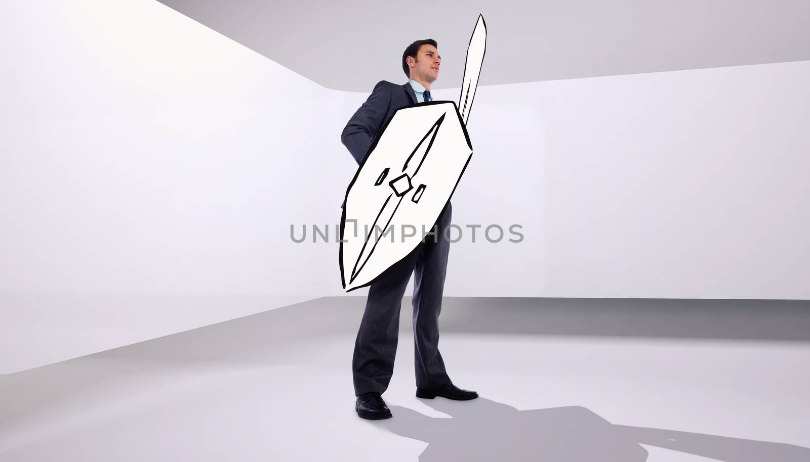 Corporate warrior against abstract room
