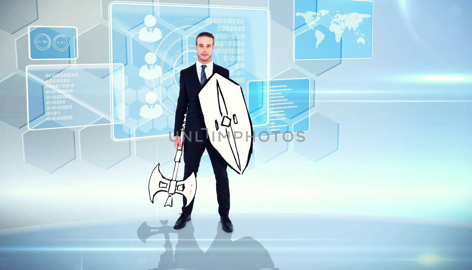 Corporate warrior against futuristic technology interface