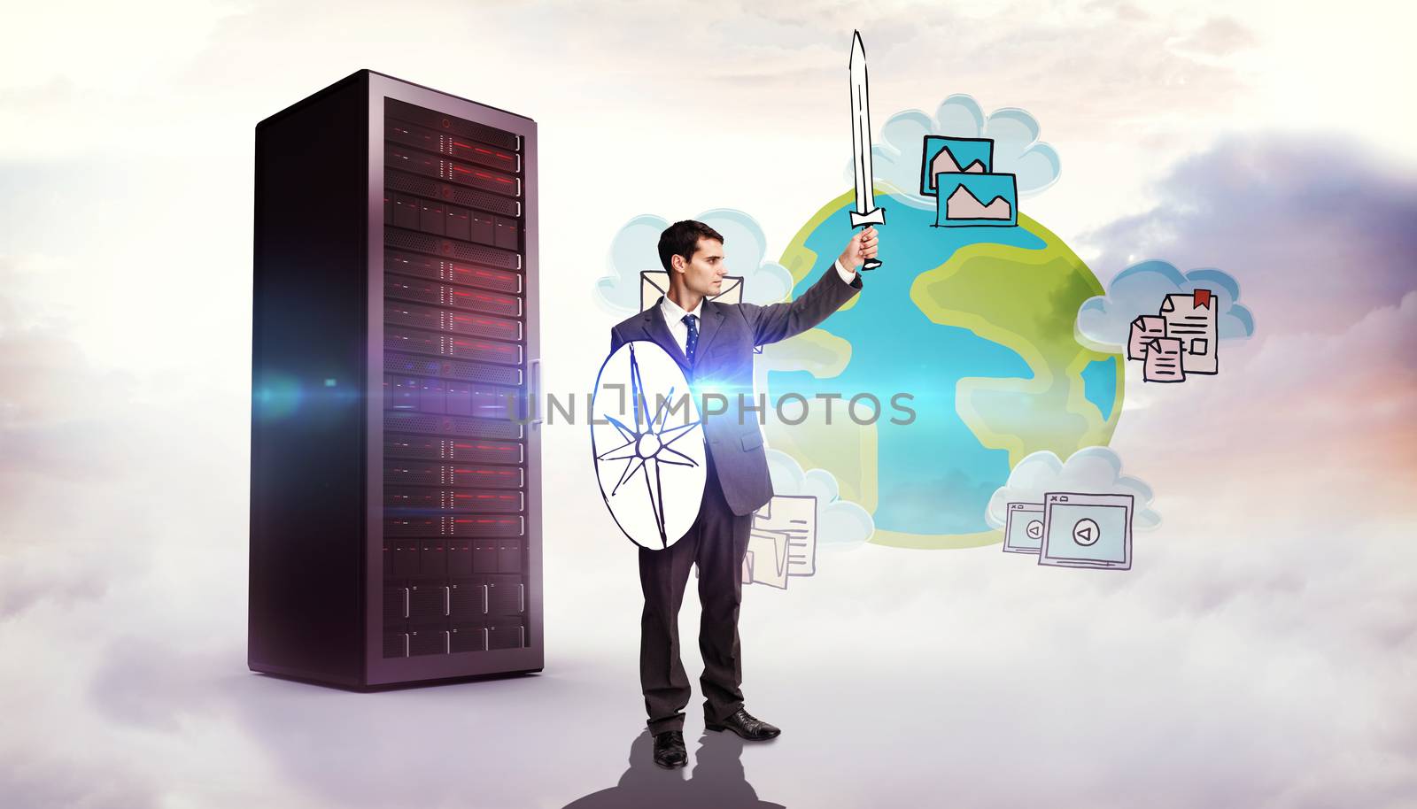 Corporate warrior against composite image of cloud computing doodle