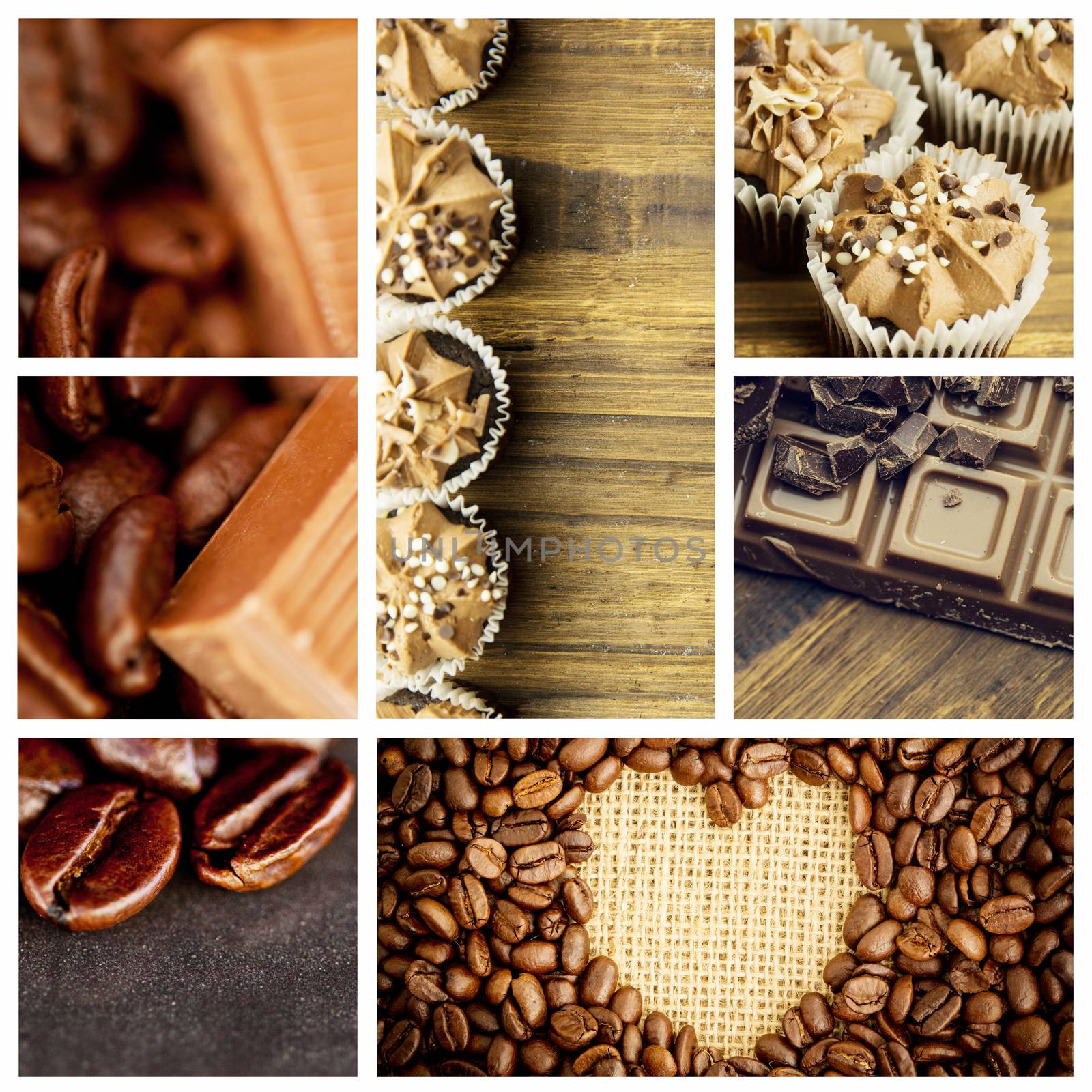 Chocolate pieces and coffee beans side by side against heart indent in coffee beans
