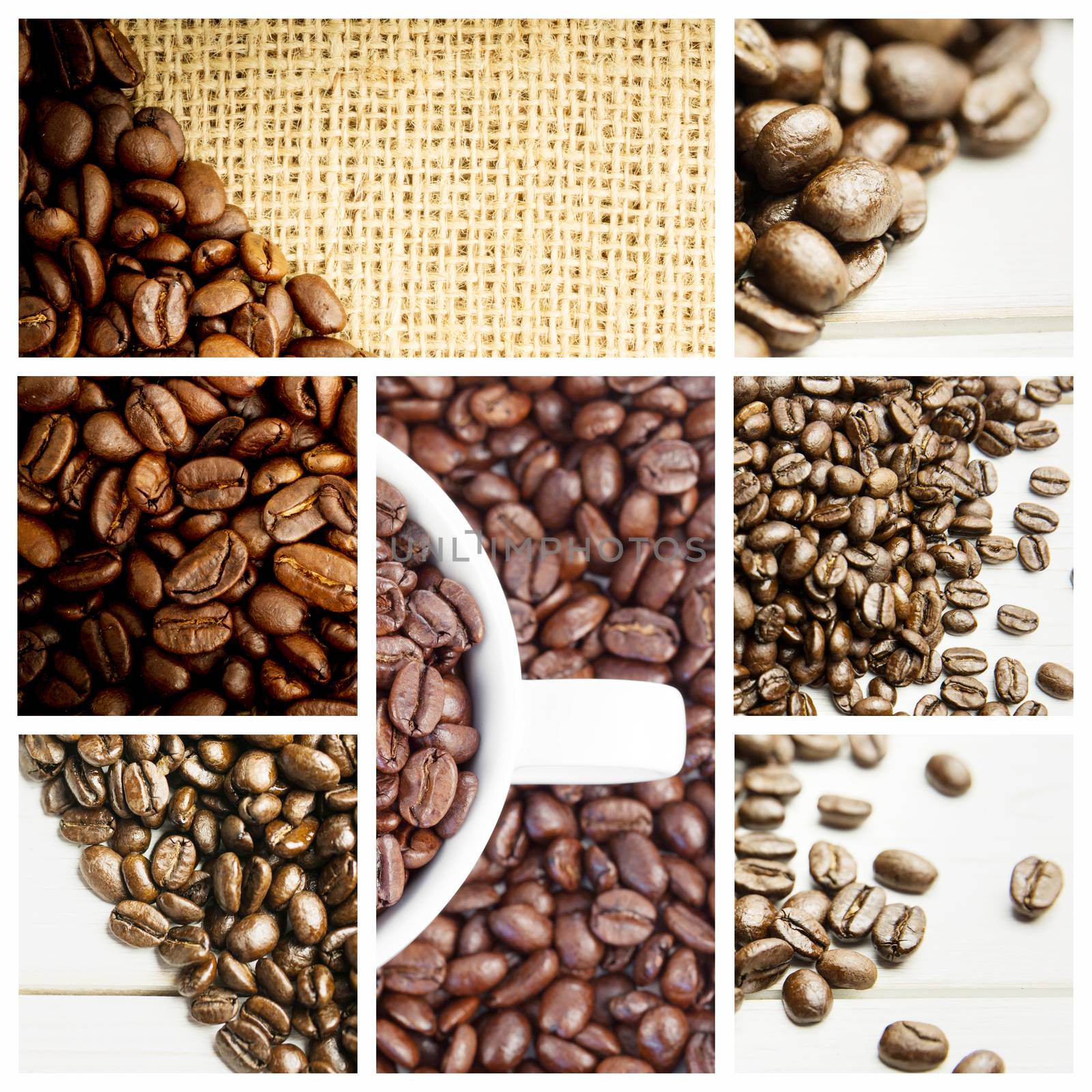 Small white cup full of coffee beans against coffee beans