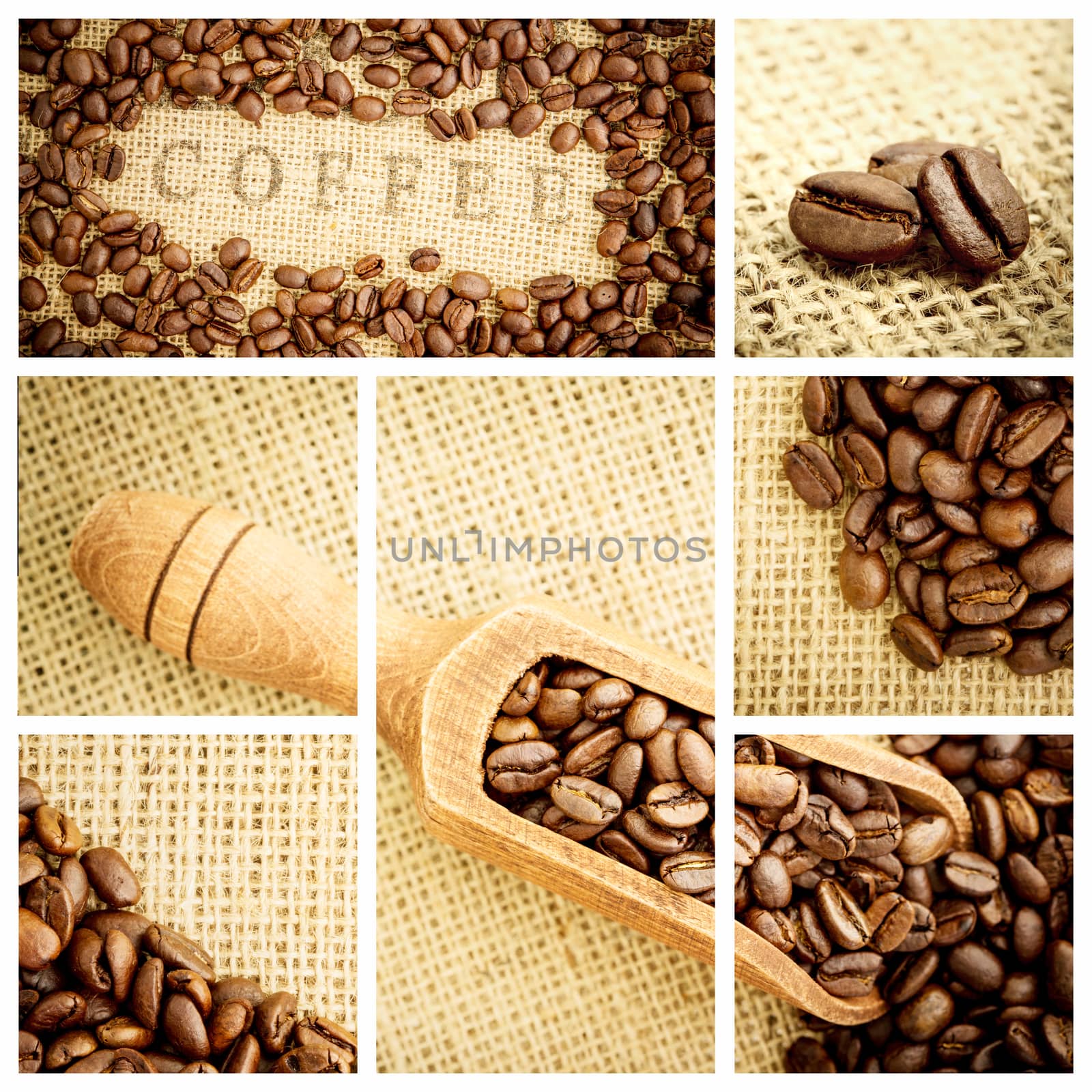 Wooden shovel full of coffee beans against various pictures representing coffee