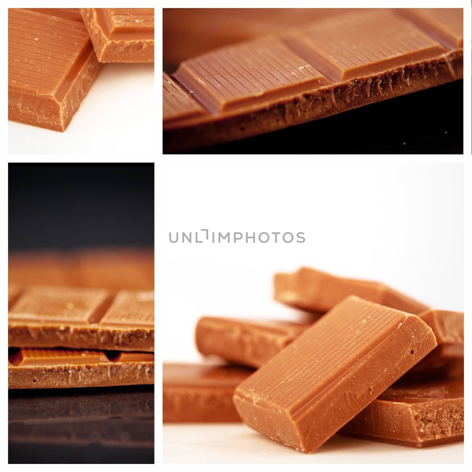 Two pieces of milk chocolate against chocolate pieces piled together