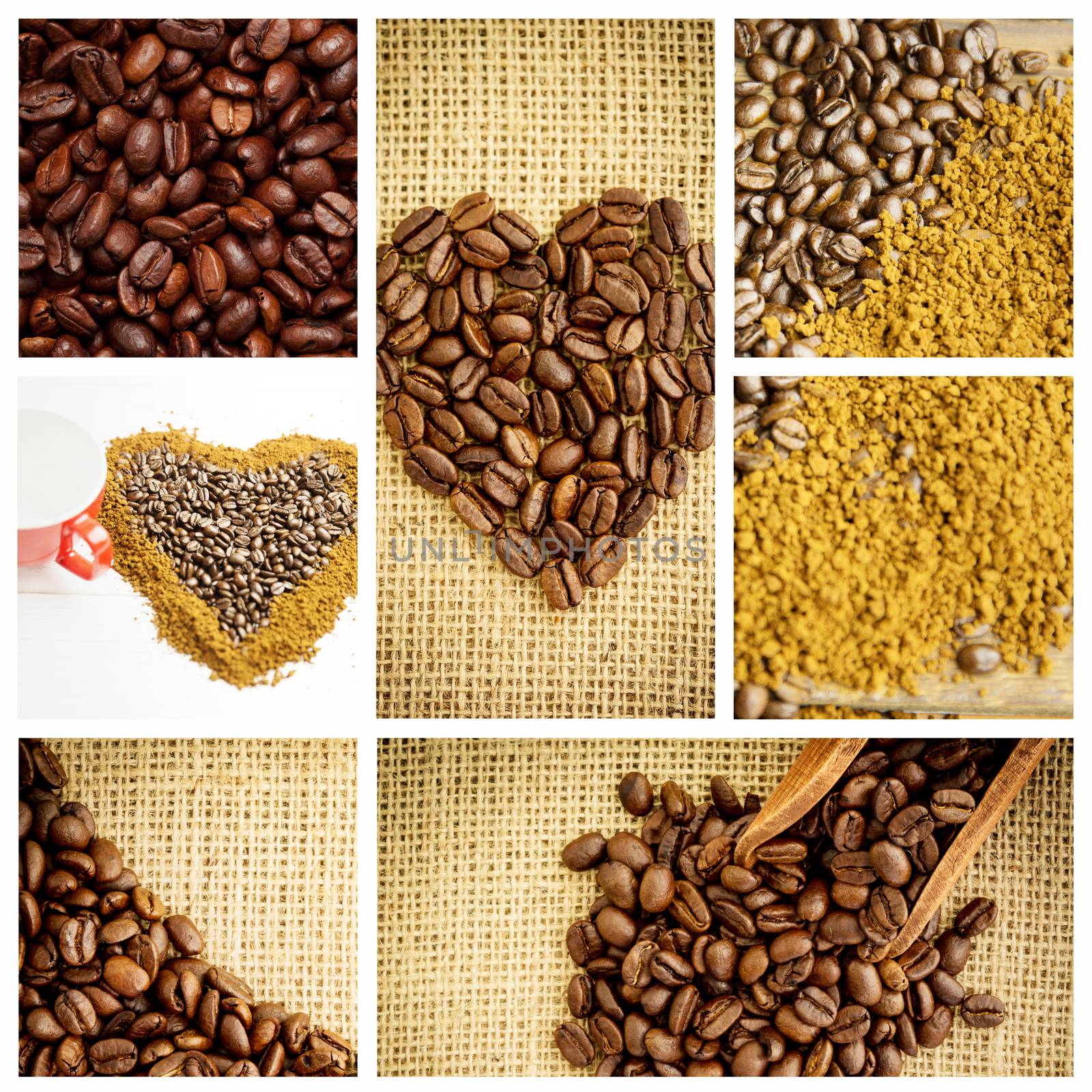 Close up of a basket full of dark coffee beans against coffee and mug