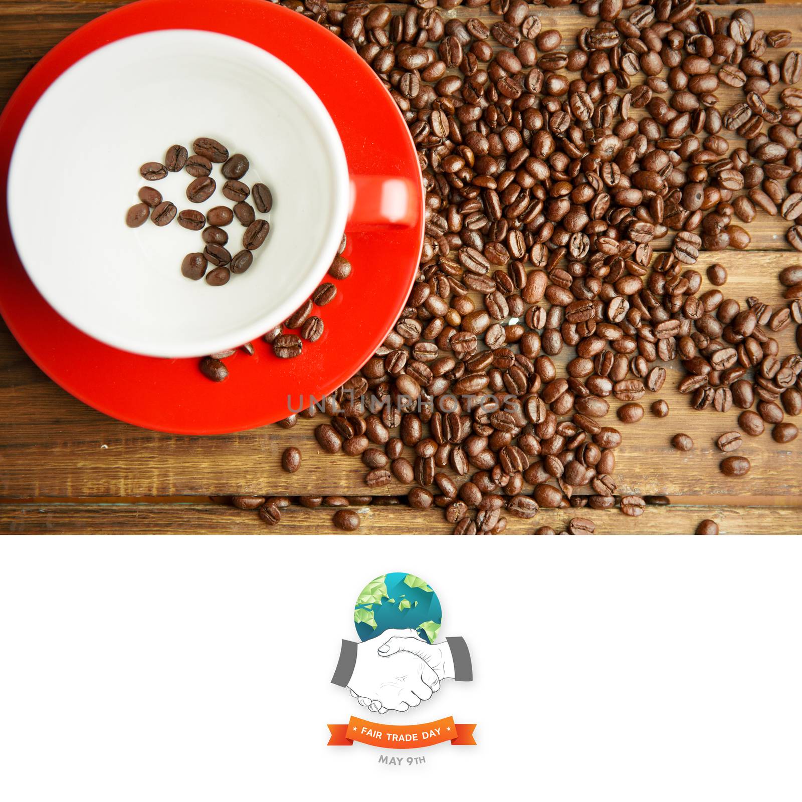 Fair Trade graphic against coffee beans in cup