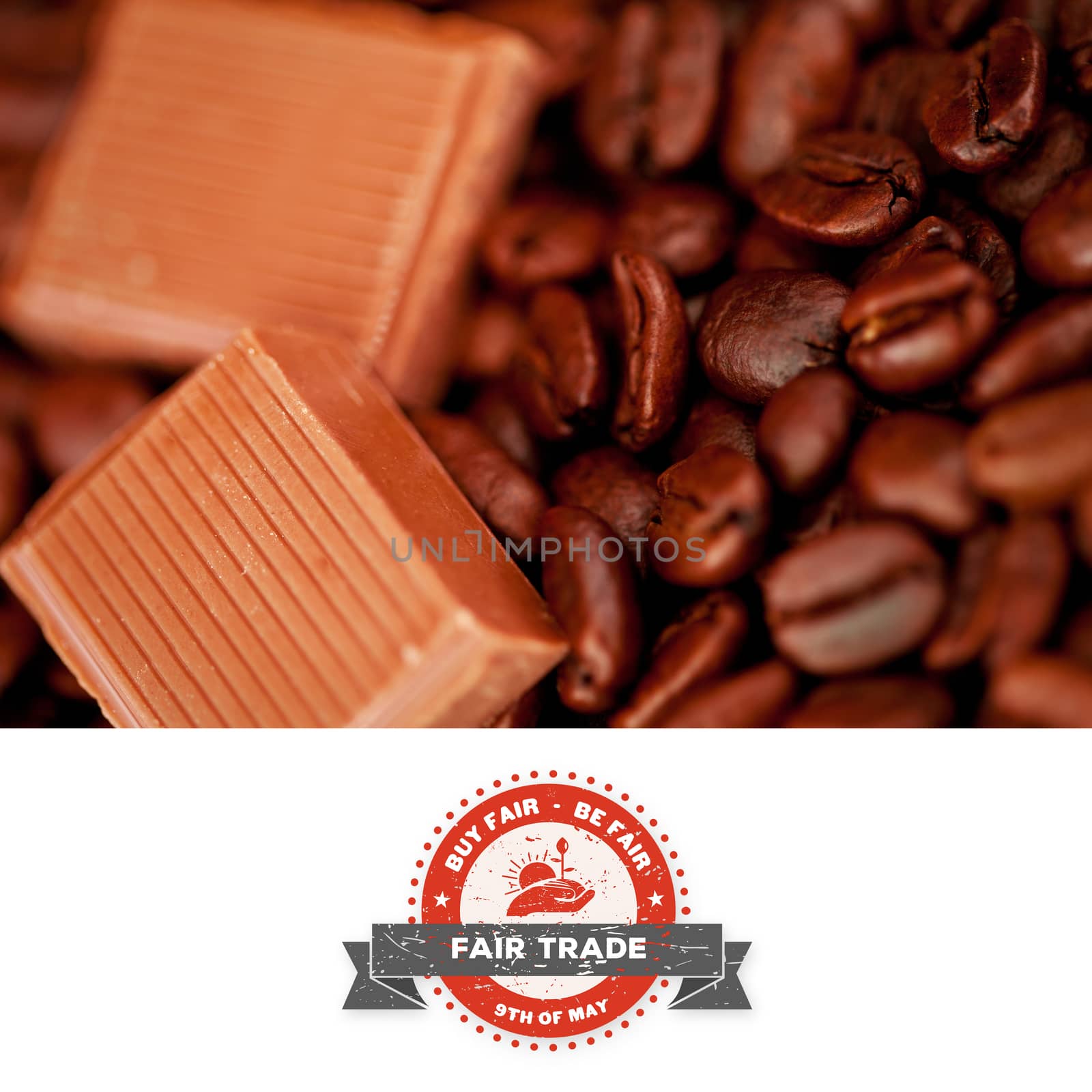 Fair Trade graphic against chocolate pieces and coffee beans side by side