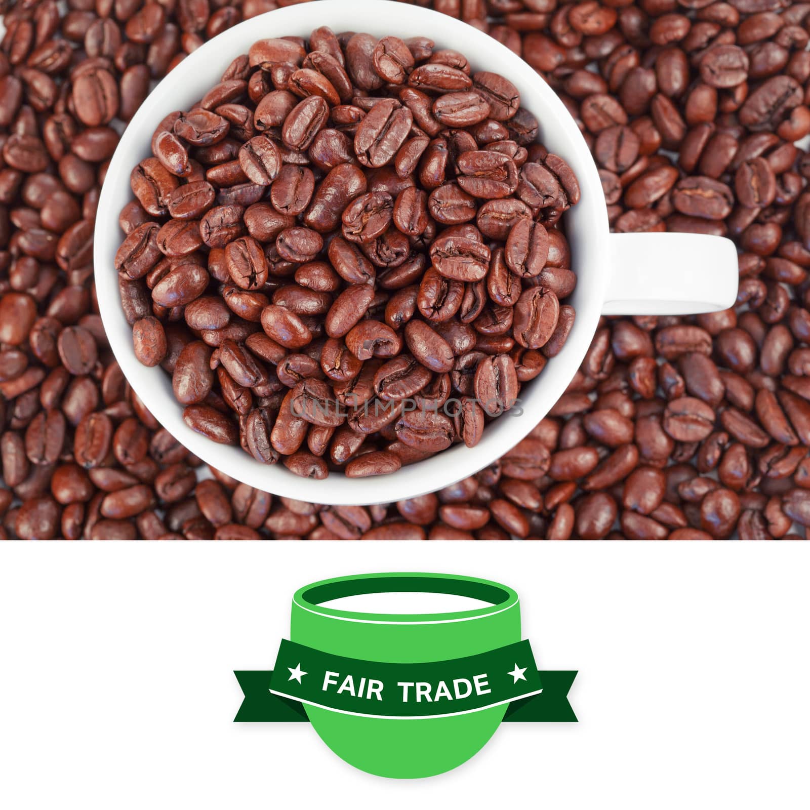 Fair Trade graphic against small white cup full of coffee beans