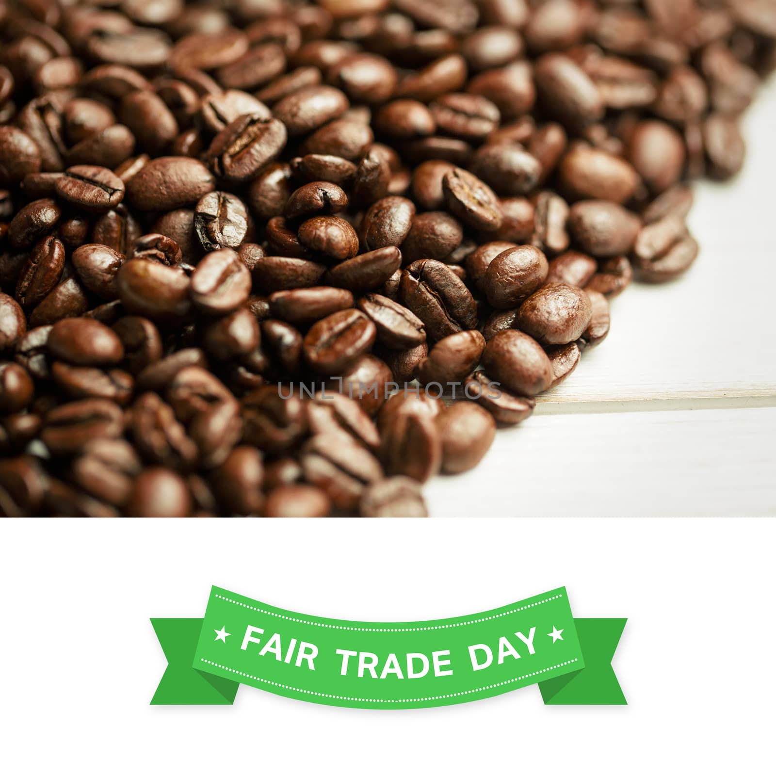 Fair Trade graphic against coffee beans