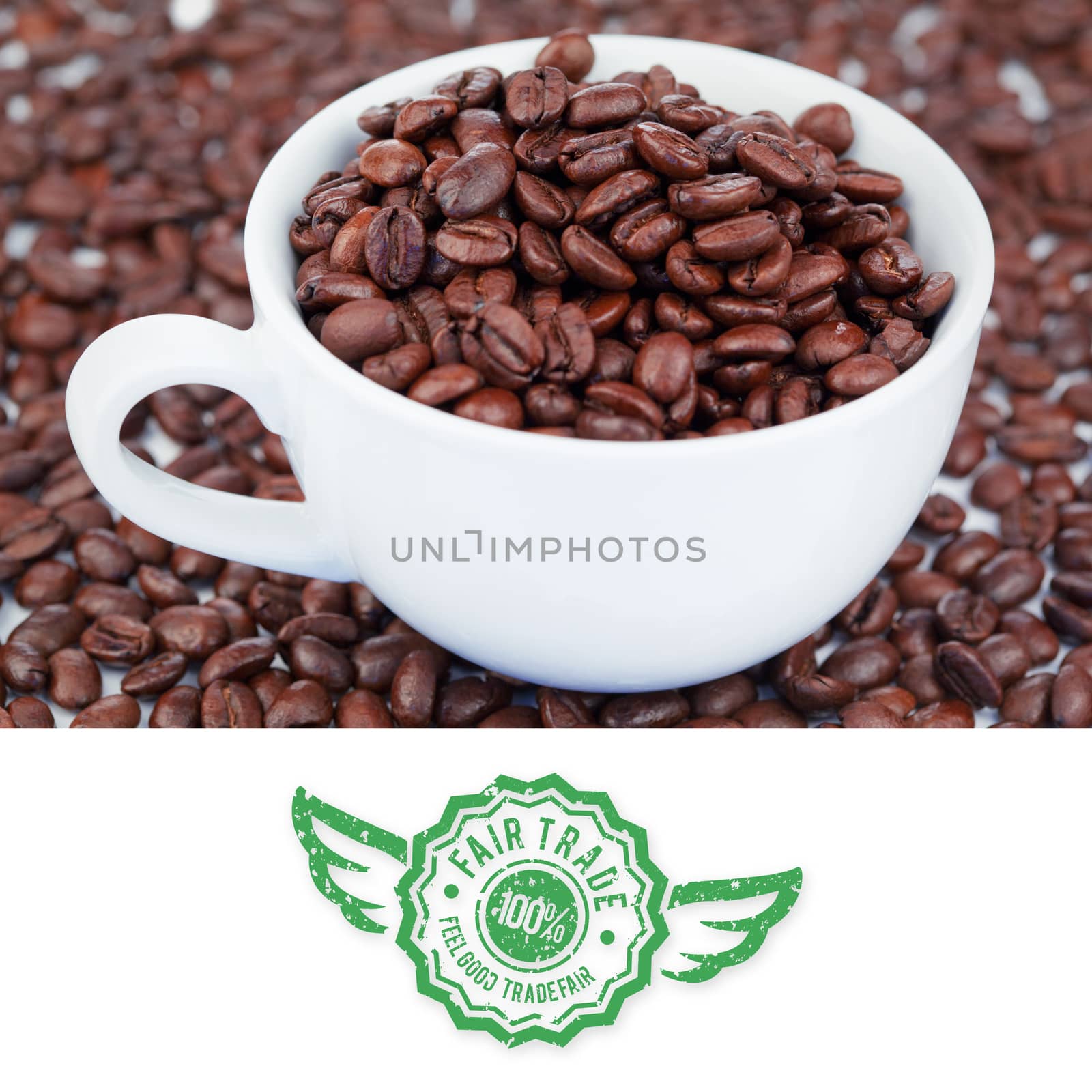 Fair Trade graphic against small white cup of coffee beans