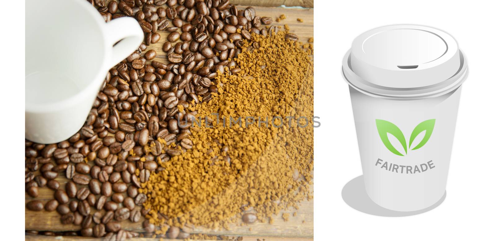 Fair Trade graphic against coffee beans and cup