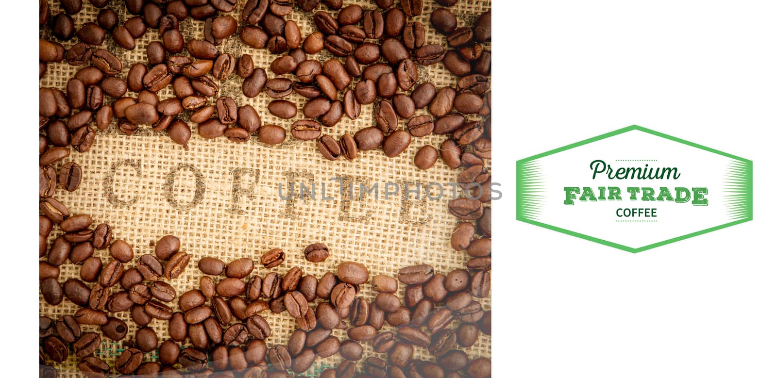 Fair Trade graphic against coffee beans surrounding coffee stamp on sack