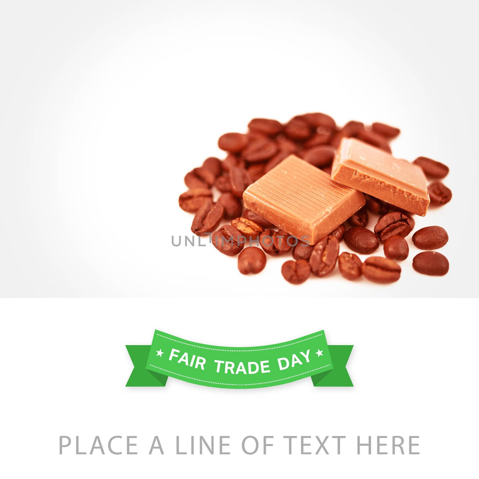 Fair Trade graphic against two pieces of chocolate on coffee seeds
